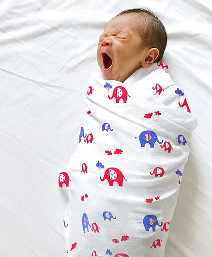 Polka Tots 100% Organic Muslin Cotton Elephant Design Swaddle Baby Wrap - White