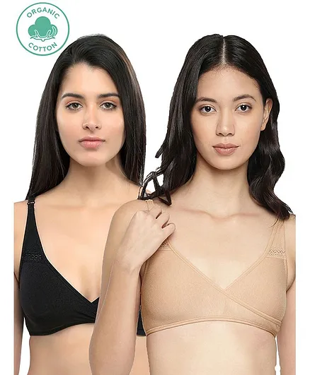 Inner Sense Solid Organic Antimicrobial Sleeping Or Feeding Bra Pack of 2 - Black & Beige