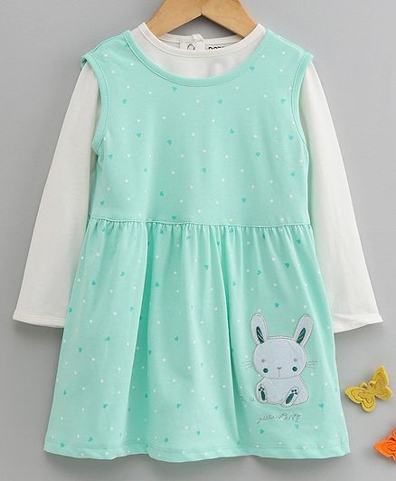 Doreme Frock With Full Sleeves Inner Tee Bunny Patch - Aqua