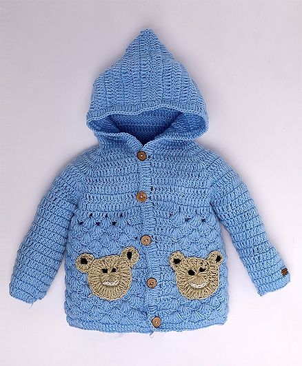 Knitting By Love Teddy Design Full Sleeves Hooded Sweater - Blue