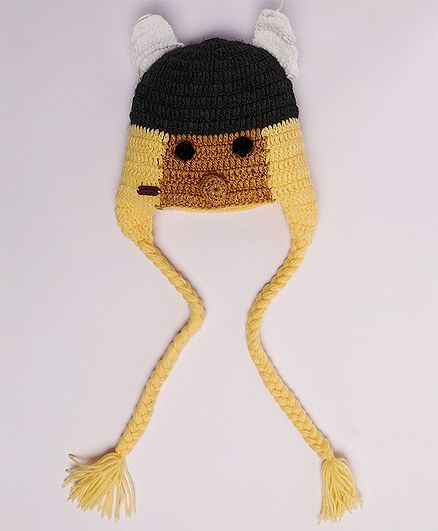 Knitting By Love Face Decorated Crochet Cap - Yellow & Brown