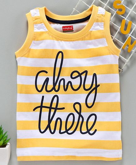 Babyhug Sleeveless Striped Tee Text Print - Yellow