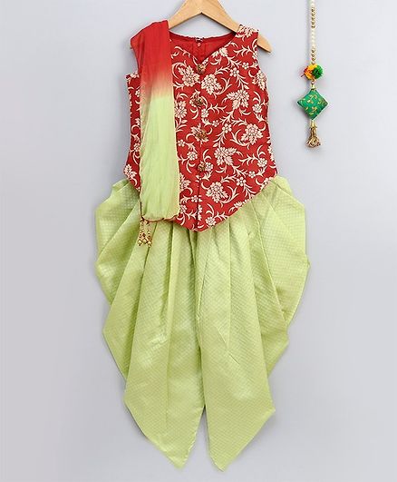Betty By Tiny Kingdom Self Design Sleeveless Kurta With Dhoti - Orange & Green