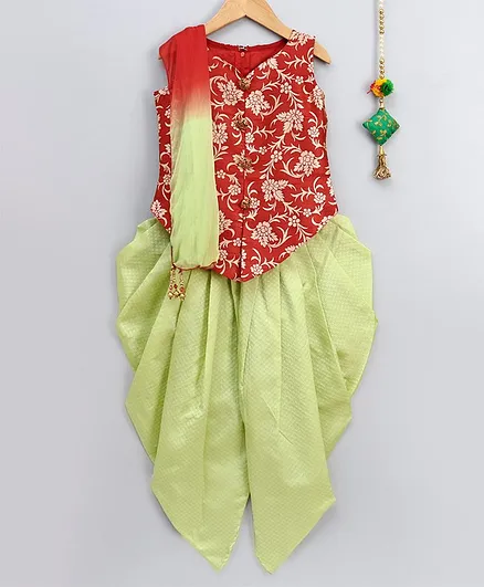 Betty By Tiny Kingdom Self Design Sleeveless Kurta With Dhoti - Orange & Green