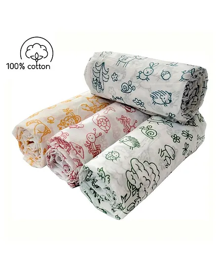 Carerio Newborn Pure Cotton Swaddle Wraps Creatures Print - Pack of 4