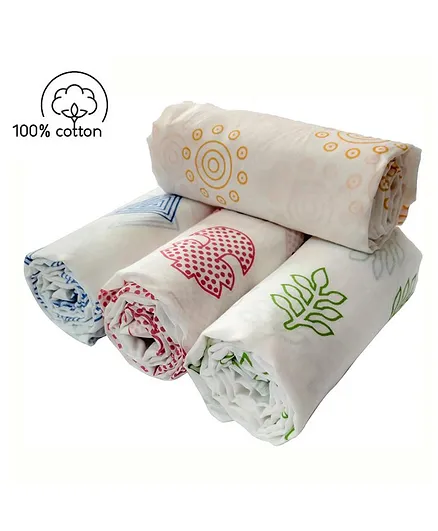Carerio Newborn Pure Cotton Swaddle Wraps Mushroom Leaf Print - Pack of 4