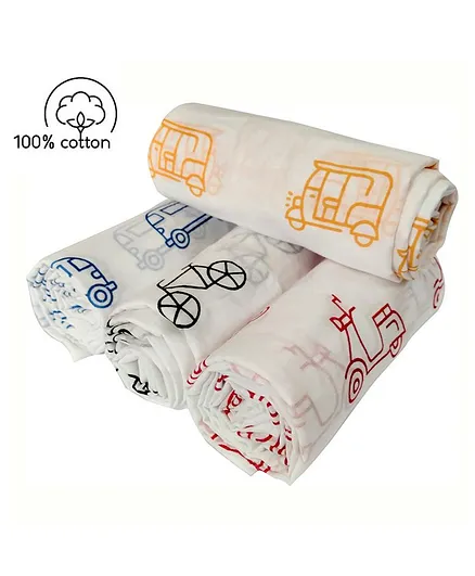 Carerio Newborn Pure Cotton Swaddle Wraps Vehicle Print - Pack of 4