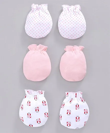 Babyhug 100% Cotton Mittens Printed & Solid Color Pack of 3 - Pink White