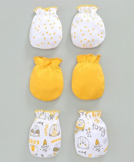Babyhug 100% Cotton Mittens Printed & Solid Color Pack of 3 - Yellow White