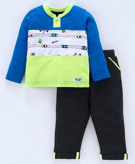 Babyoye Full Sleeves Tee & Lounge Pant Multi Print - Blue Black