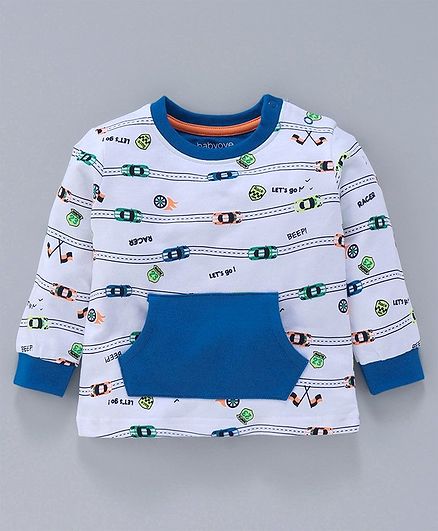 Babyoye Full Sleeves Cotton Tee Car Print - Blue White