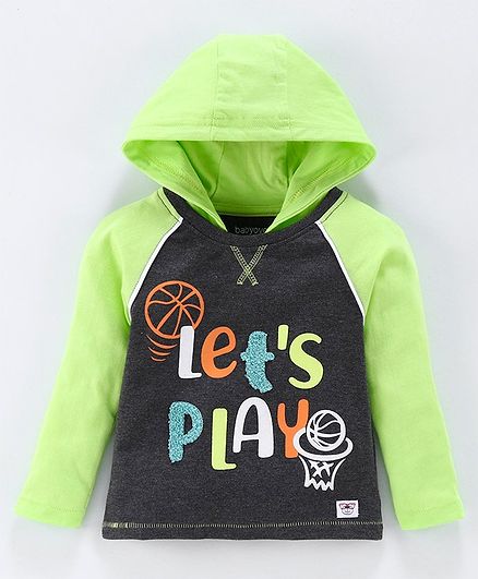 Babyoye Full Sleeves Poly Cotton Hooded Tee Play Print - Green Dark Grey