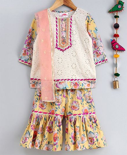 Little Bansi Schiffli Embroidered Full Sleeves Kurta With Floral Printed Sharara & Dupatta - Cream & Yellow