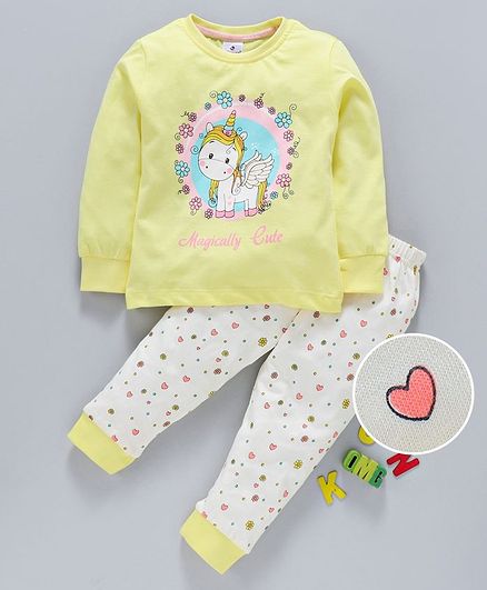 Ollypop Full Sleeves Tee And Lounge Pant Unicorn Print - Yellow White