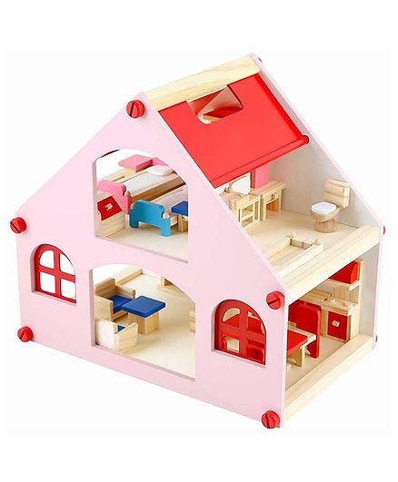Webby Pretend Play Wooden Doll House with Furniture - Multicolor