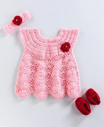 USHA ENTERPRISES Flower Detailed Sleeveless Dress With Headband & Booties - Pink