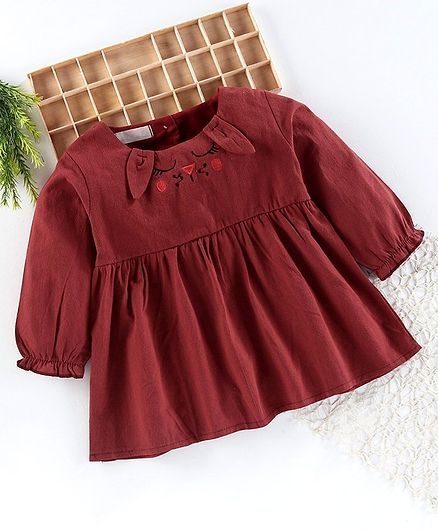 Superfie Bunny Embroidered Full Sleeves Flared Dress - Maroon