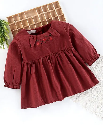 Superfie Bunny Embroidered Full Sleeves Flared Dress - Maroon