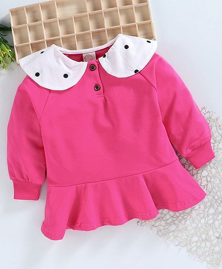 Superfie Full Sleeves Polka Dot Print Detailed Frill Dress - Pink