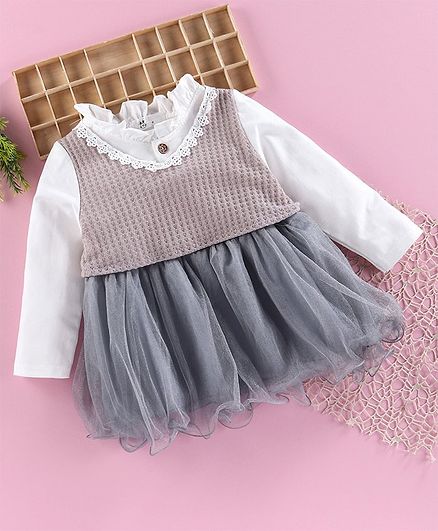 Superfie Solid Netted Full Sleeves Dress - Cream