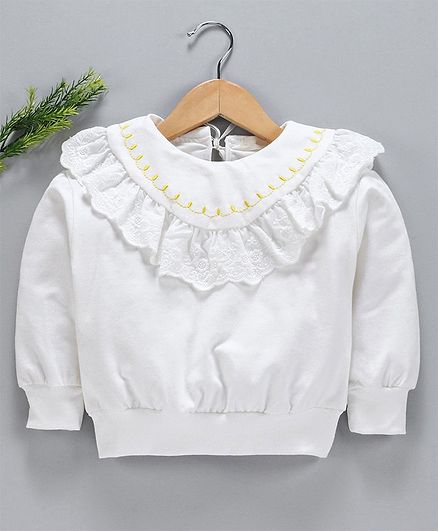 Superfie Flower Embroidered On Neckline Full Sleeves Sweatshirt - White