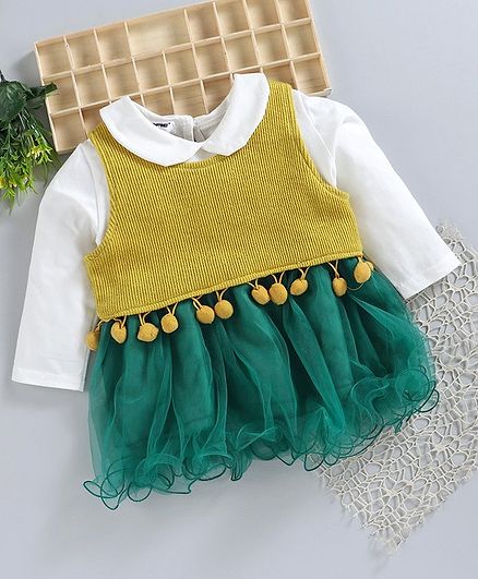 Superfie Pom Pom Decorated Netted Full Sleeves Dress - Yellow