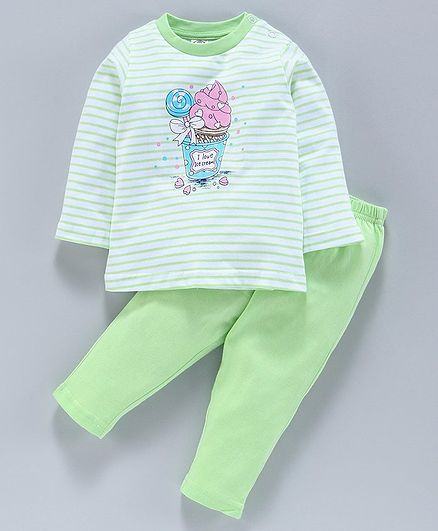 Zero Full Sleeves Striped Tee & Lounge Pant Ice Cream Print - Green