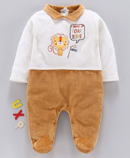 Wonderchild Lion Patch Full Sleeves Footie Romper - White & Brown