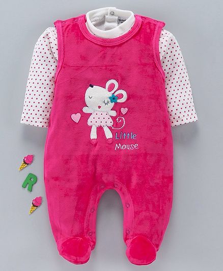 Wonderchild Heart Printed Full Sleeves Tee With Patch Detailed Romper - Pink