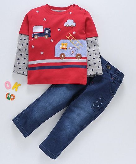 Wonderchild Car Patch Full Sleeves Tee With Bottom - Red & Blue