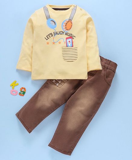 Wonderchild Let's Enjoy Music Print Full Sleeves Tee With Jeans - Cream & Brown