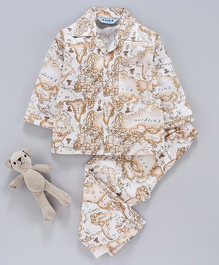 Enfance Core World Map Printed Full Sleeves Night Suit - Beige