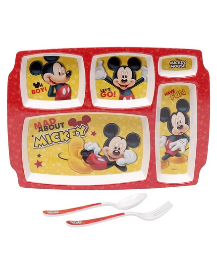 Servewell Mickey Mouse Theme 5 Sections Plate with Fork & Spoon - Red