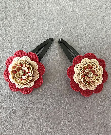 Kalacaree Organic Flower Theme 1 Pair Of Hair Clips - Red Gold & White