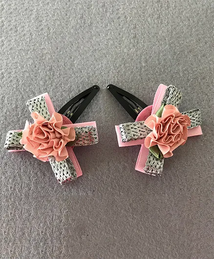 Kalacaree Bow & Flower Theme 1 Pair Of Hair Clips - Pink & Silver