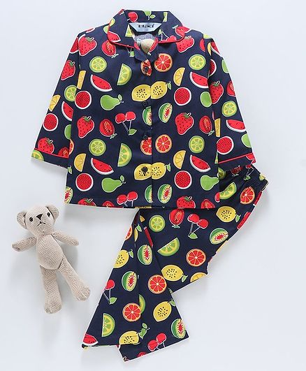 Enfance Core Fruit Print Full Sleeves Night Suit - Navy Blue