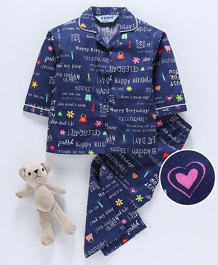 Enfance Core Text Print Full Sleeves Night Suit - Navy Blue