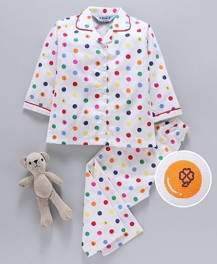 Enfance Core Polka Dot Print Full Sleeves Night Suit - White