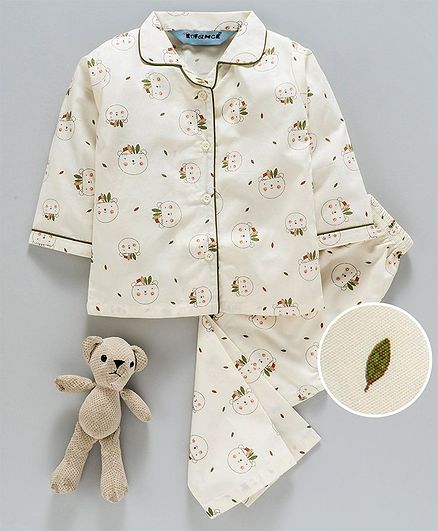 Enfance Core Teddy Face Print Full Sleeves Night Suit - Off White