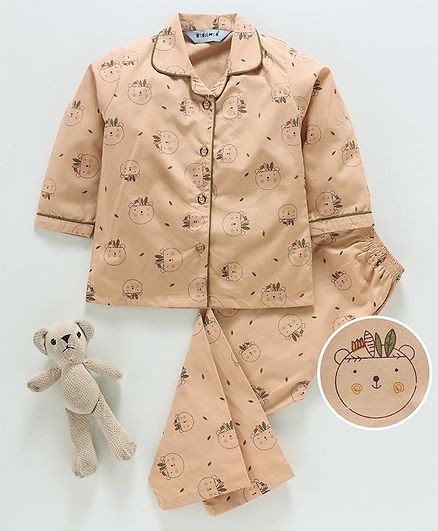 Enfance Core Teddy Face Print Full Sleeves Night Suit - Brown