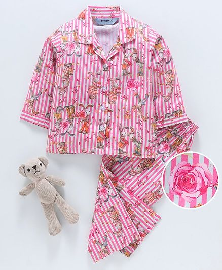 Enfance Core Full Sleeves Striped Bunny Print Night Suit - Pink