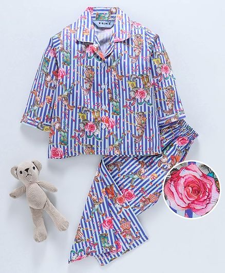 Enfance Core Full Sleeves Striped Bunny Print Night Suit - Blue