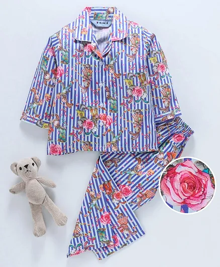 Enfance Core Full Sleeves Striped Bunny Print Night Suit - Blue