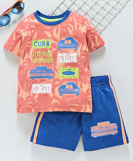 Babyhug Half Sleeves Tee & Shorts Car Print - Peach Blue