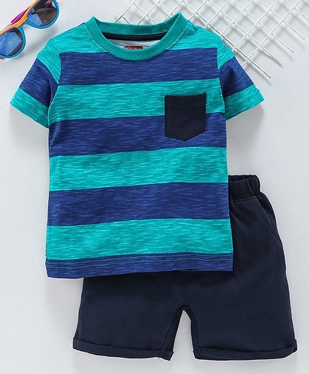 Babyhug Half Sleeves Striped Tee & Shorts Set - Green Blue