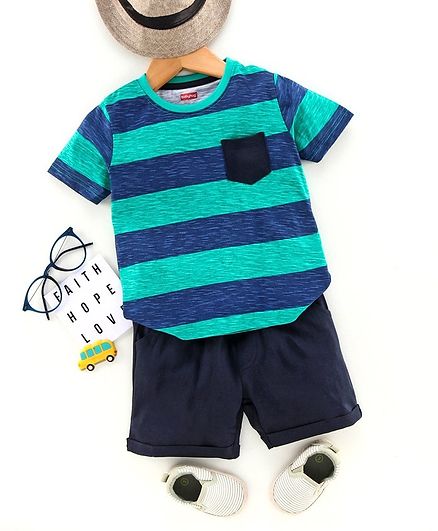 Babyhug Half Sleeves Striped Tee & Shorts Set - Green Blue