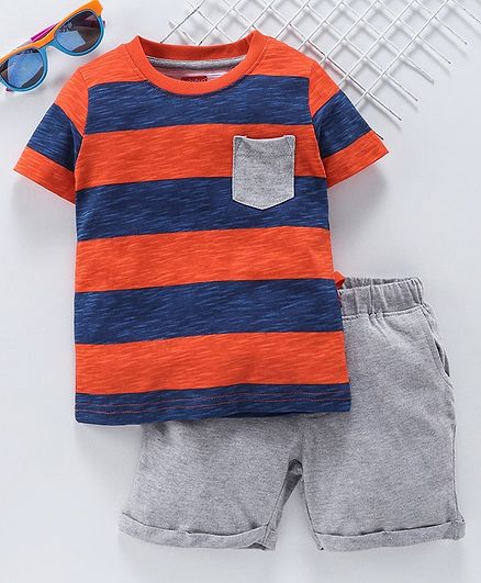 Babyhug Half Sleeves Striped Tee & Shorts Set - Orange Blue