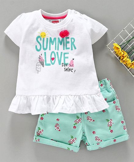 Babyhug Half Sleeves Top & Shorts Multi Print - White Green