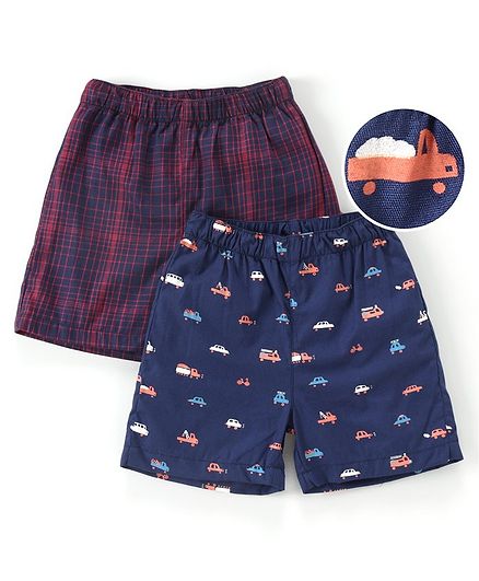 Babyhug 100% Cotton Woven Boxer Set of 2 Printed & Checked - Navy Blue Red