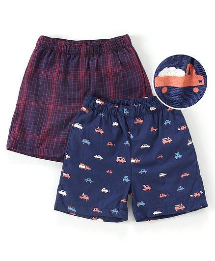 Babyhug 100% Cotton Woven Boxer Set of 2 Printed & Checked - Navy Blue Red